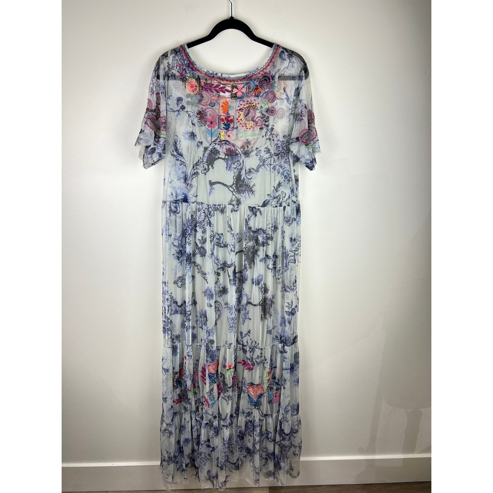 Biya Johnny Was Embroidered Mesh Floral Maxi Dress Blue White Large - Picture 3 of 16